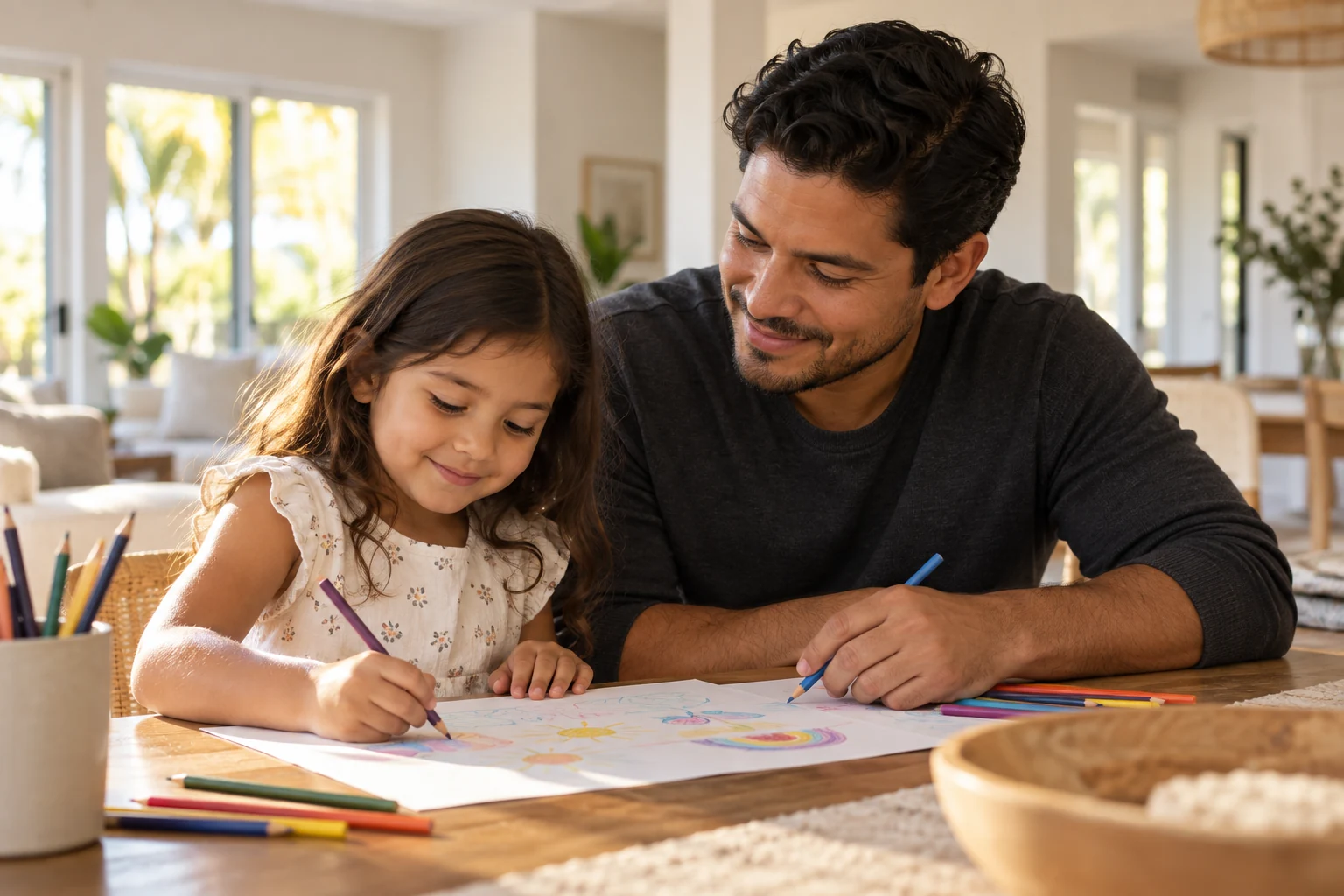 A father and daughter spending time drawing together at home